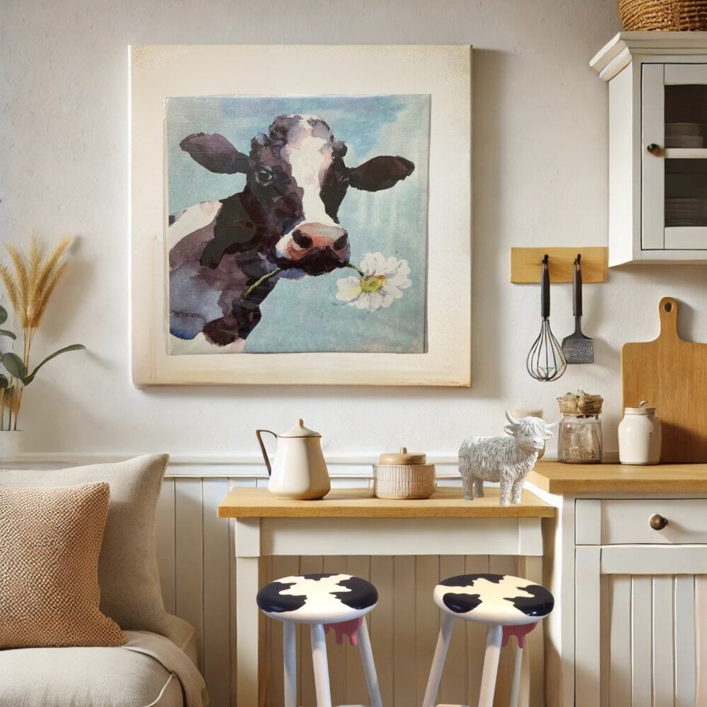 Farmhouse Cow Canvas Wall Art – 8.5” x 8.5” – Rustic Decor
